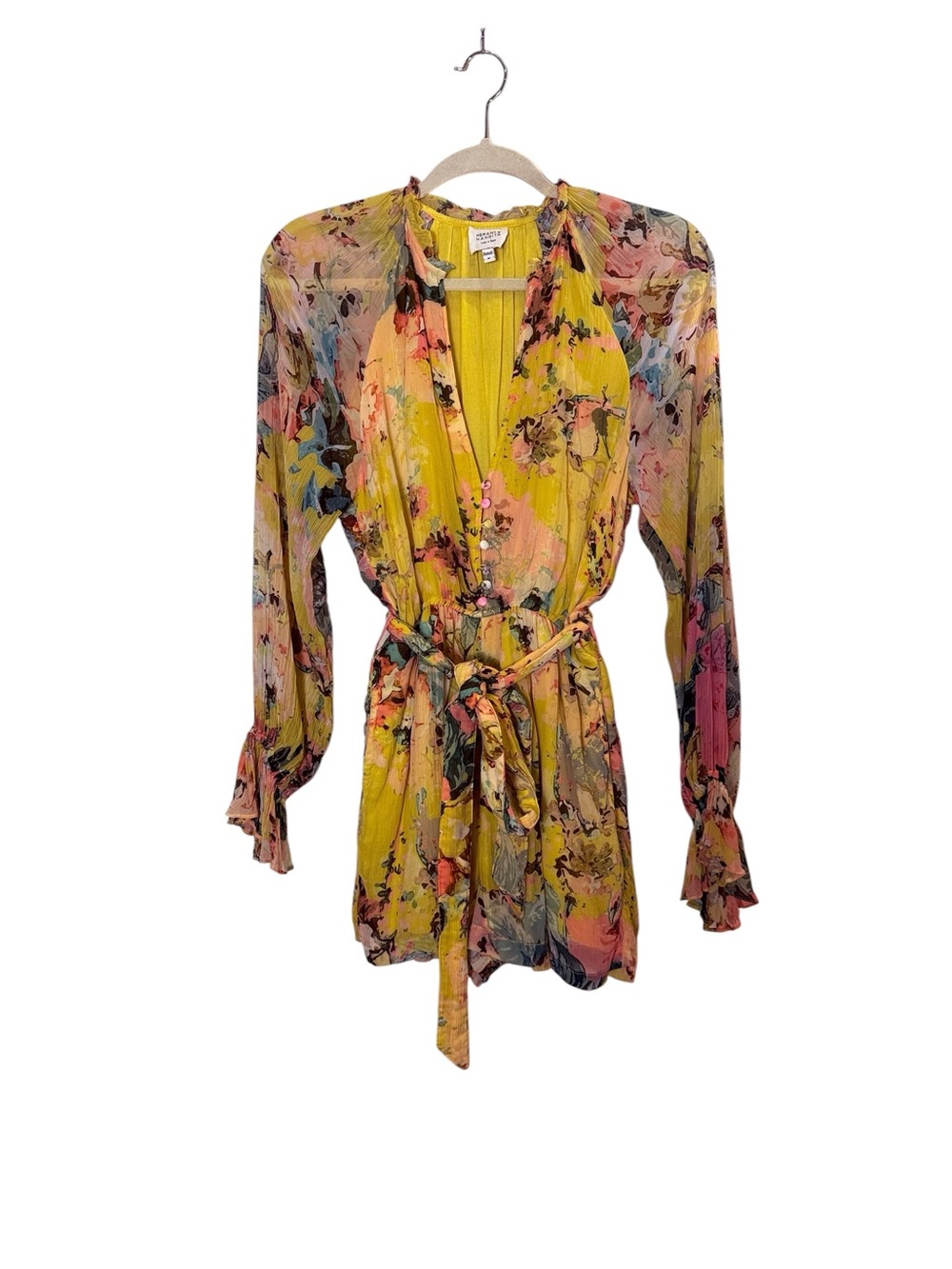 HEMANT & NANDITA Women’s Yellow Multi Floral Sheer Tie-Waist Romper Sz M